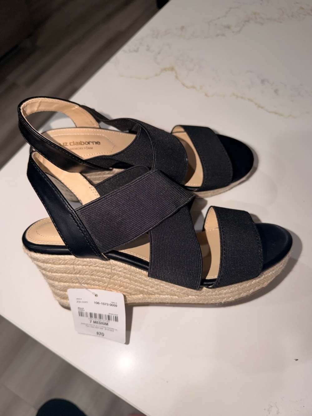 Liz Claiborne Black Elastic Crossover Wedge Sandals